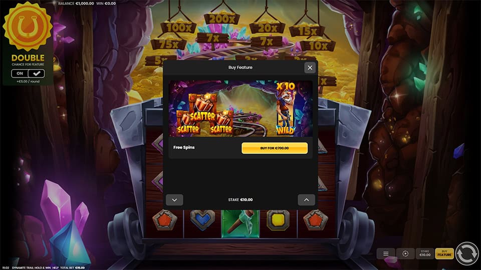 Buy Feature in Dynamite Trail: Hold and Win slot allowing instant entry into the Free Spins Bonus for x70 the bet.