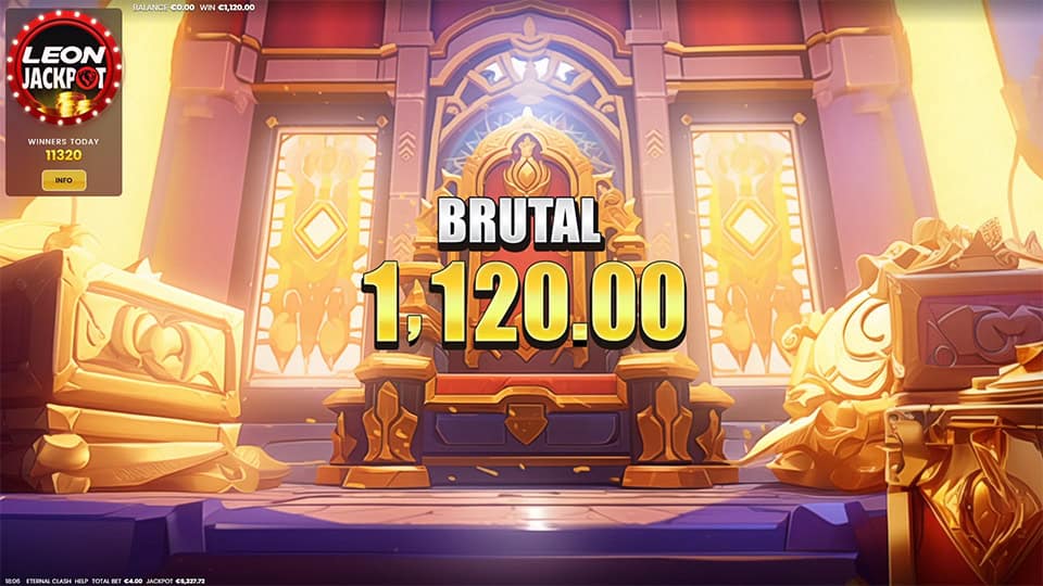 Brutal Win screen in Eternal Clash slot displaying a €1,120 payout.