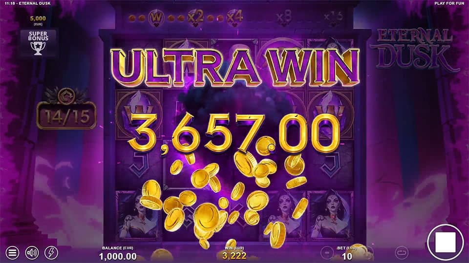 Ultra Win screen in Eternal Dusk slot displaying a €3,657 payout.