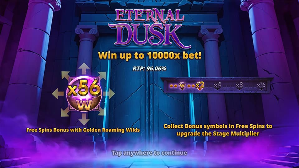 Homepage of Eternal Dusk slot introducing game features and bonus mechanics.