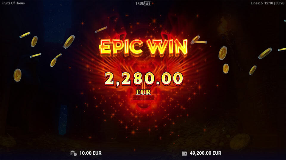 Epic Win screen in Fruits of Horus slot displaying a €2,280 payout.