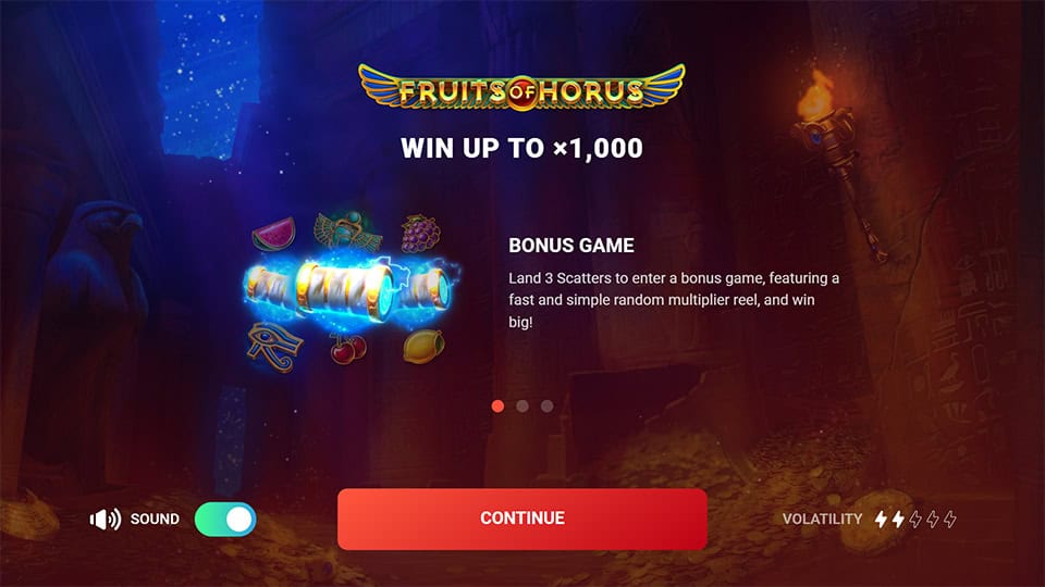 Homepage of Fruits of Horus slot introducing game features and bonus mechanics.