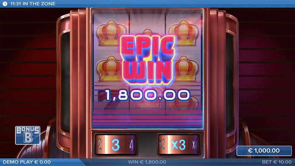 Epic Win screen in In the Zone slot displaying a €1,800 payout with crown symbols.