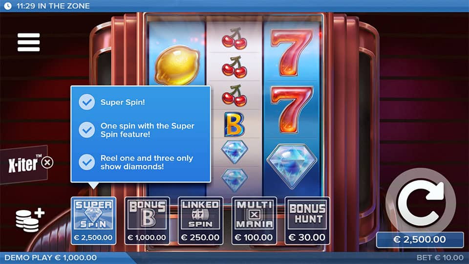 X-iter feature menu in In the Zone slot showing five different buy options for enhanced gameplay.