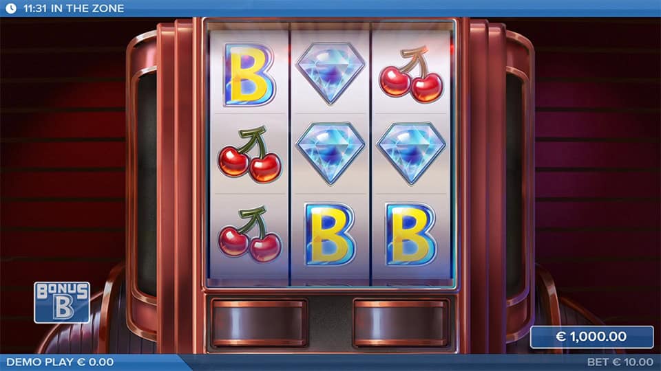 Three Scatter symbols appearing in In the Zone slot, triggering the Bonus Game.