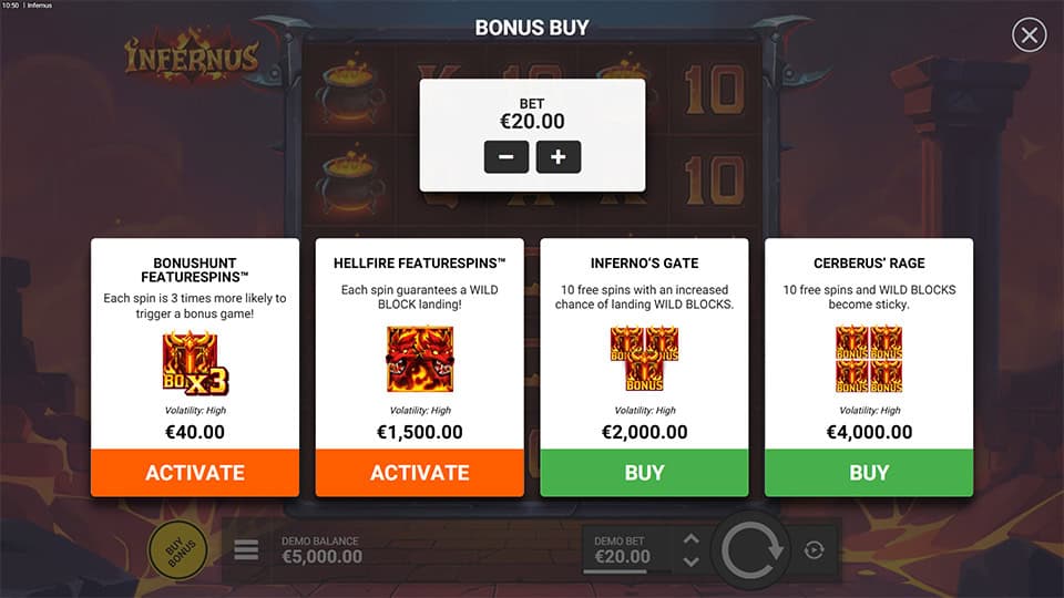 Buy Bonus feature in Infernus slot offering BonusHunt FeatureSpins for 2x bet, Hellfire FeatureSpins for 75x bet, Inferno's Gate Free Spins for 100x bet, and Cerberus' Rage Free Spins for 200x bet.