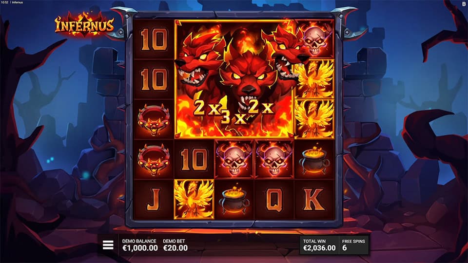 Wild Blocks feature in Infernus slot showing a total multiplier of x7.