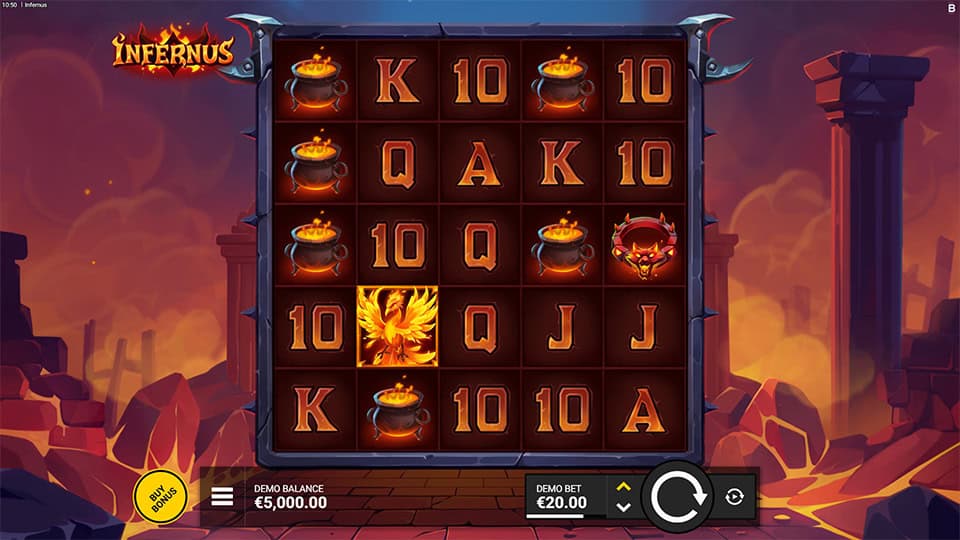 Preview of Infernus slot showing the reels and hell-themed symbols in action.