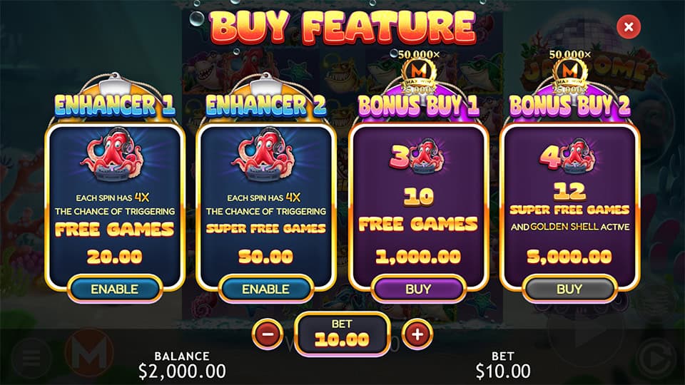 Buy Feature in Jawsome slot offering Enhancer 1 for x2, Enhancer 2 for x5, Free Games for x100, and Super Free Games for x500 the bet.