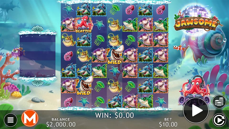 Preview of Jawsome slot showing the reels and deep-sea-themed symbols in action.