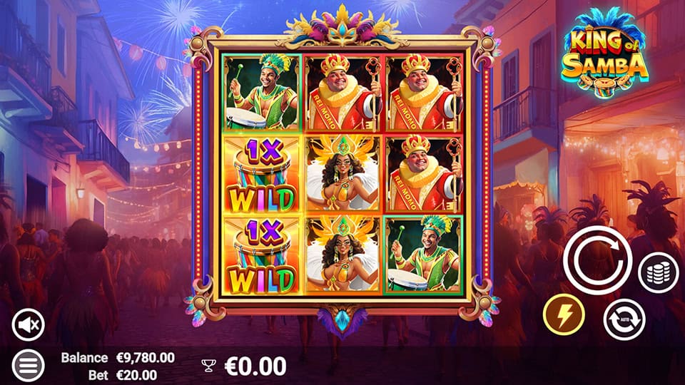 Two Walking Wild symbols with x1 multiplier appearing in King of Samba slot.