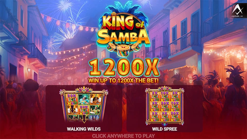 Homepage of King of Samba slot introducing game features and bonus mechanics.