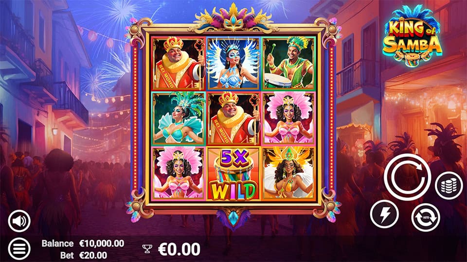 Preview of King of Samba slot showing the reels and samba-themed symbols in action.