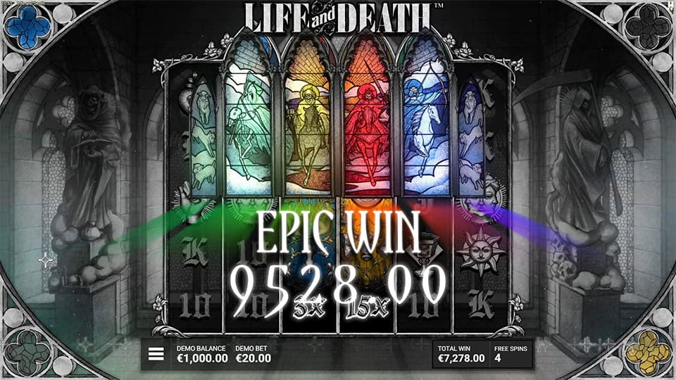 Epic Win screen in Life and Death slot displaying a €9,528 payout.