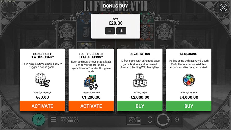 Bonus Buy feature in Life and Death slot offering four options: 2 Featurespins and 2 Free Spins selections.