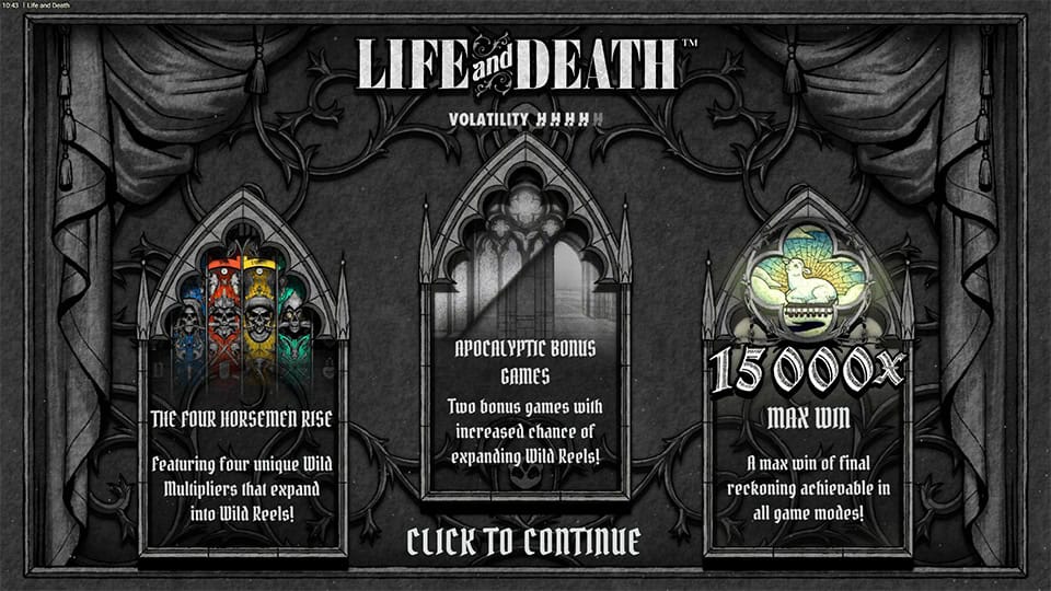 Homepage of Life and Death slot introducing game features and bonus mechanics.