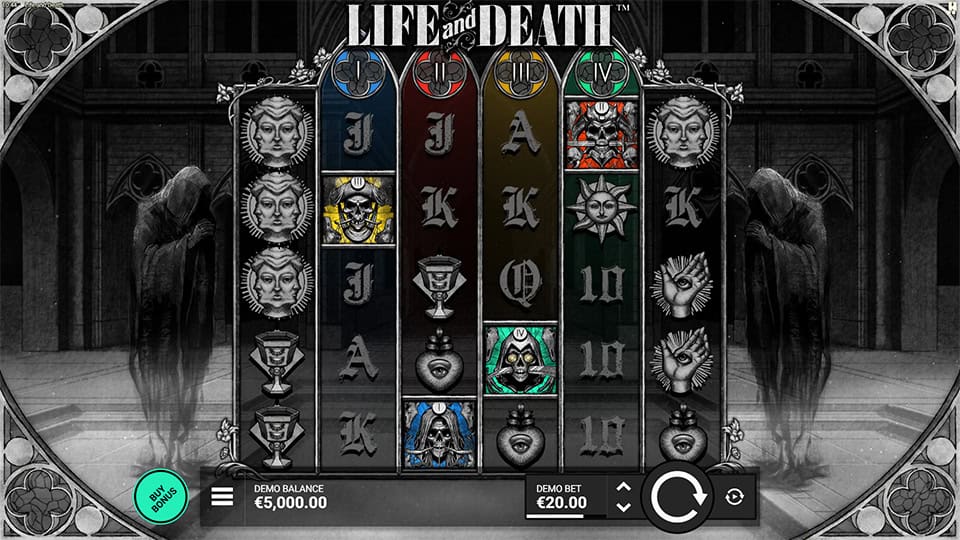 Preview of Life and Death slot showing the reels and eerie-themed symbols in action.