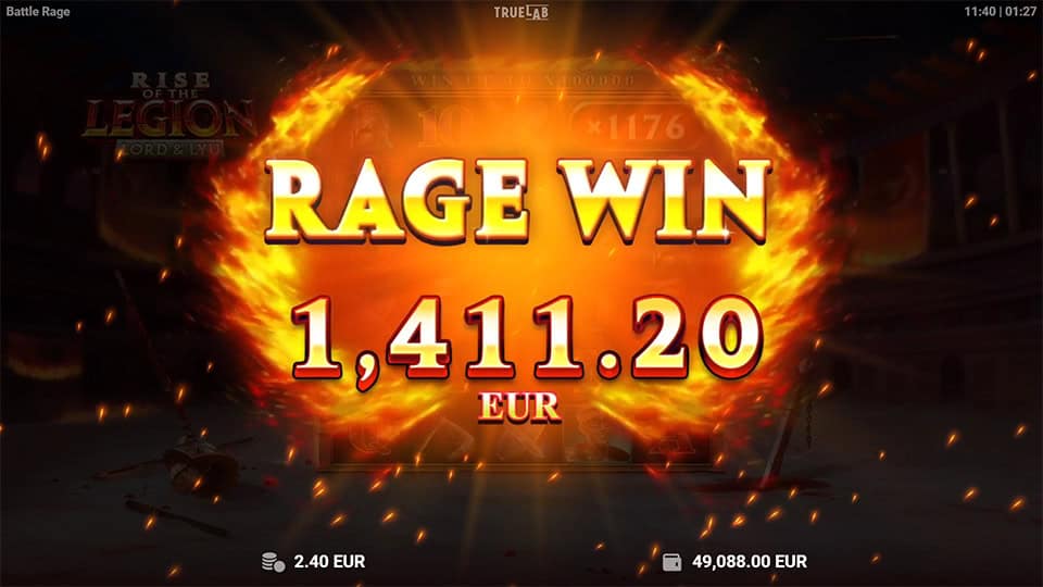 Rage Win screen in Lord & Lyu: Rise of the Legion slot displaying a €1,411.20 payout.