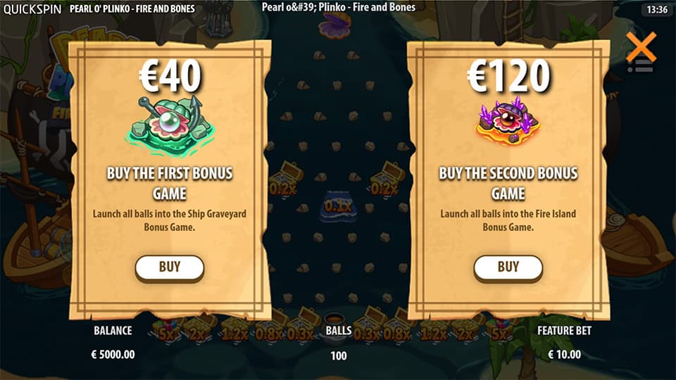 Bonus Buy feature in Pearl O' Plinko Fire & Bones slot allowing players to purchase the First Bonus Game for x4 the bet and the Second Bonus Game for x12 the bet.