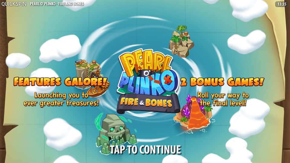 Homepage of Pearl O' Plinko Fire & Bones slot introducing game features and special mechanics.