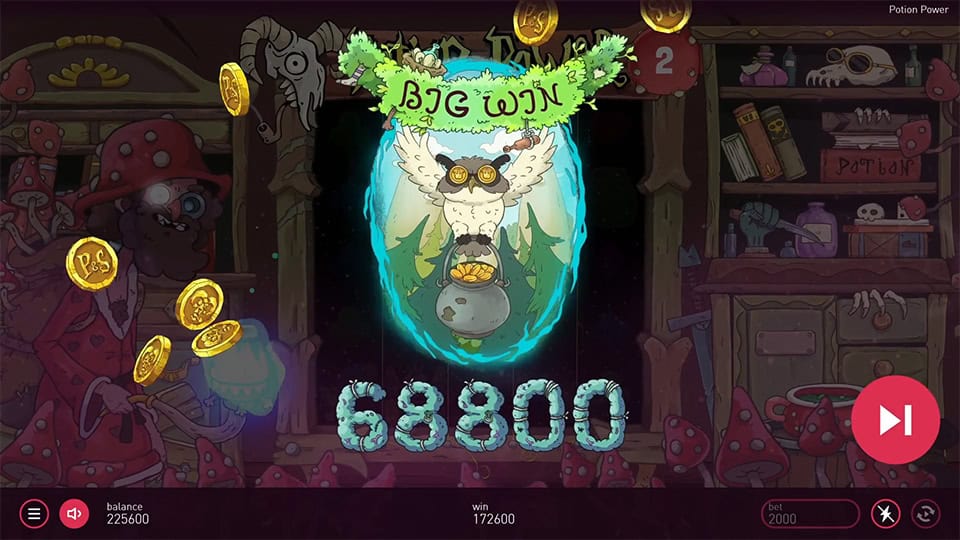 Big Win screen in Potion Power slot displaying a €68,800 payout.