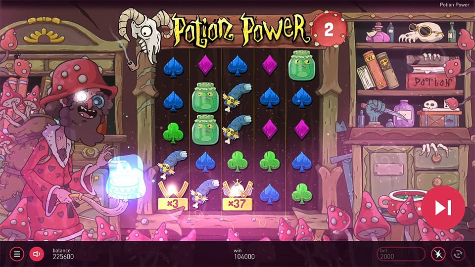 Wild Multipliers of x3 and x37 appearing in Potion Power slot, boosting payouts.