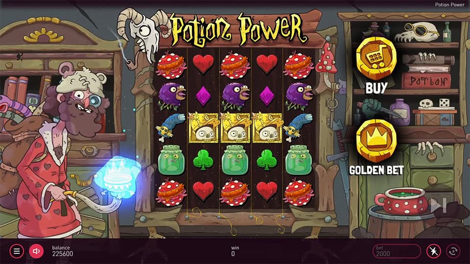 Three Scatter symbols appearing in Potion Power slot, triggering the Free Spins Bonus round.