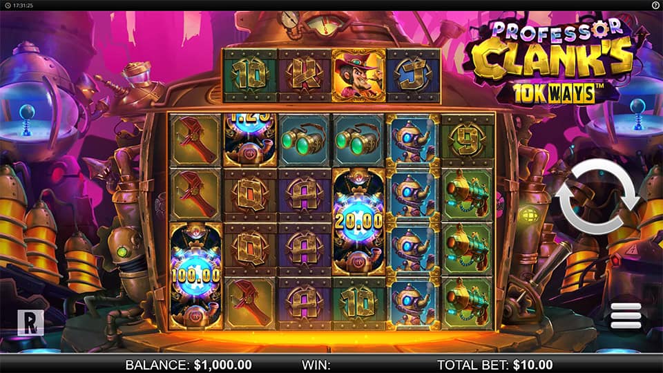 Preview of Professor Clank's 10K Ways slot showing the reels and steampunk-themed symbols in action.