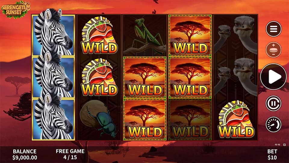 Wild symbols appearing on reels 2, 3, 4, and 5 in Serengeti Sunset slot.