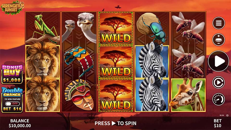 Preview of Serengeti Sunset slot showing the reels and African wildlife-themed symbols in action.