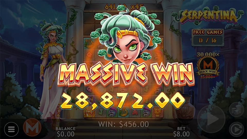 Massive Win screen in Serpentina slot displaying a €28,782 payout.