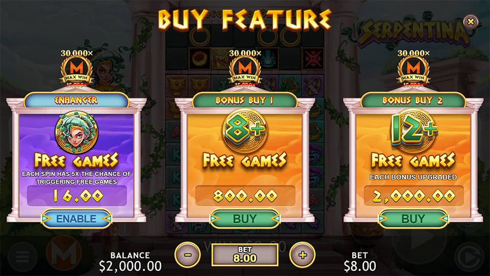 Buy Feature in Serpentina slot offering Game Enhancer for 2x the stake, Bonus Buy 1 for 100x, and Bonus Buy 2 for 250x, guaranteeing Free Games at Maximum Level.