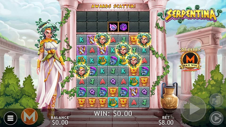 Five Scatter symbols appearing in Serpentina slot, triggering the Free Games Bonus round.