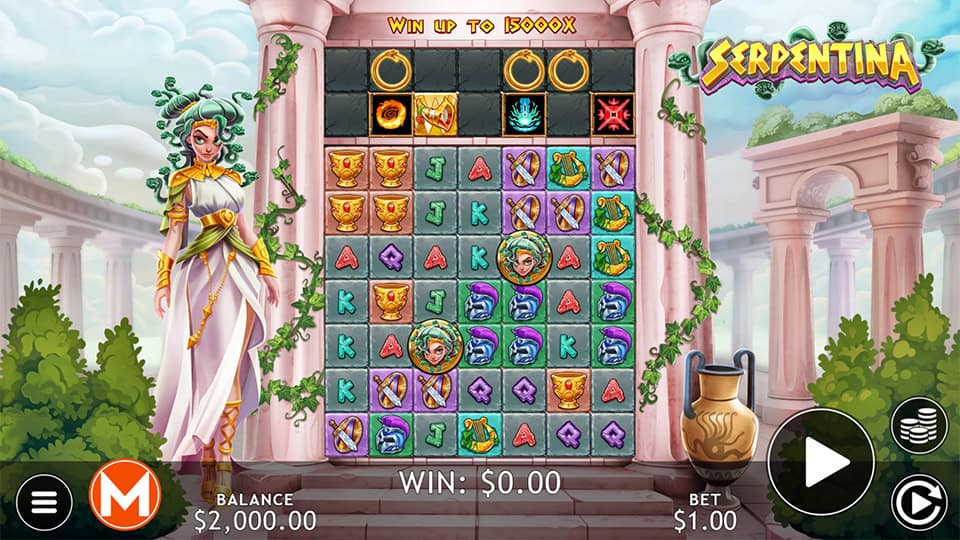 Preview of Serpentina slot showing the reels and serpent-themed symbols in action.