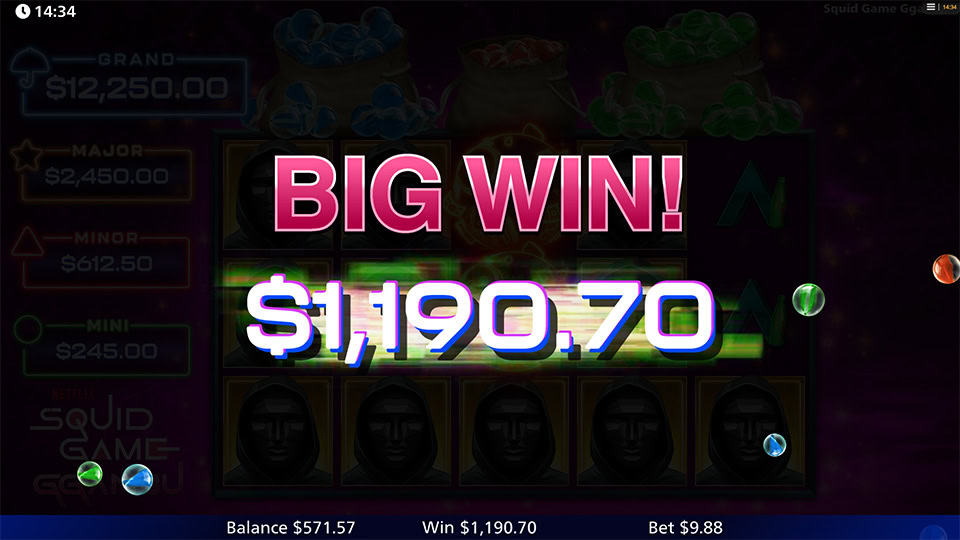 Big Win screen in Squid Game Ggandu slot displaying a €1,190.70 payout.