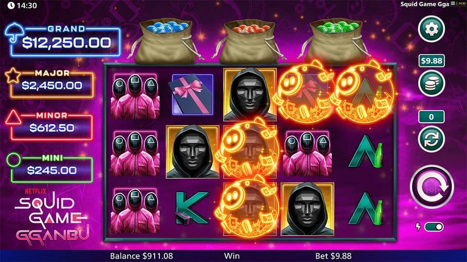 Four Pig Wild symbols appearing in Squid Game Ggandu slot, enhancing winning combinations.