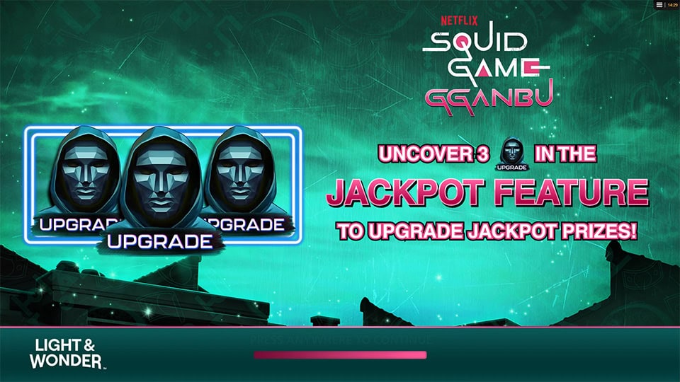 Homepage of Squid Game Ggandu slot introducing game features and bonus mechanics.