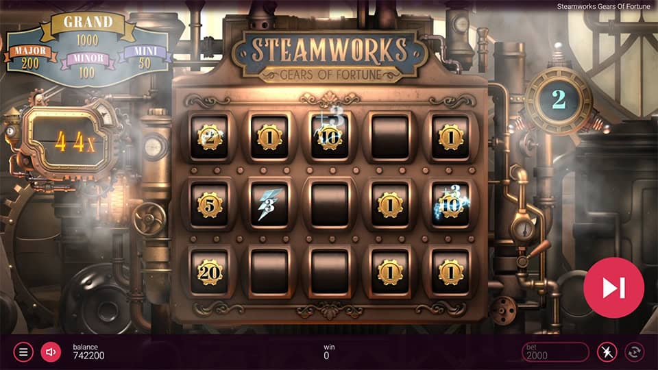 Shock Wave Symbol appearing in Steamworks - Gears of Fortune slot, adding +3 to the game feature.