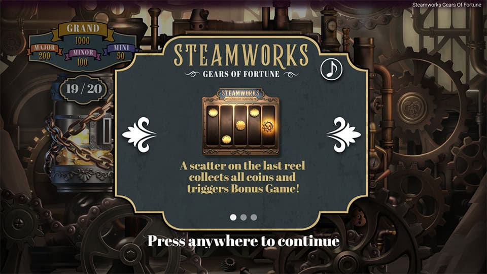 Homepage of Steamworks - Gears of Fortune slot introducing game features and bonus mechanics.