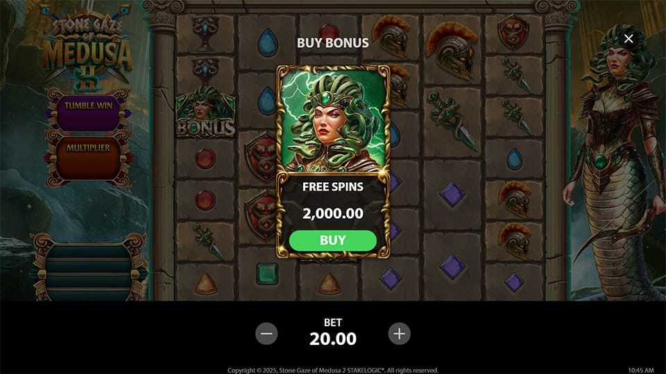 Buy Free Spins feature in Stone Gaze of Medusa 2 slot, available for x100 the bet.