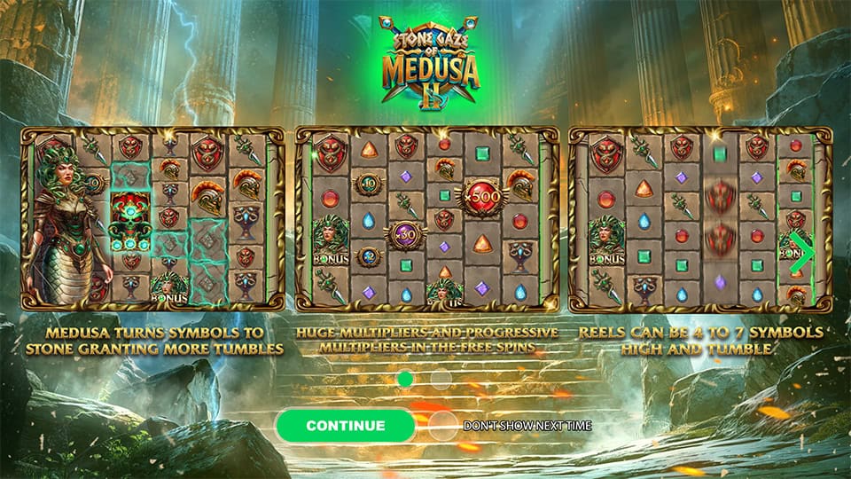 Homepage of Stone Gaze of Medusa 2 slot introducing game features and bonus mechanics.