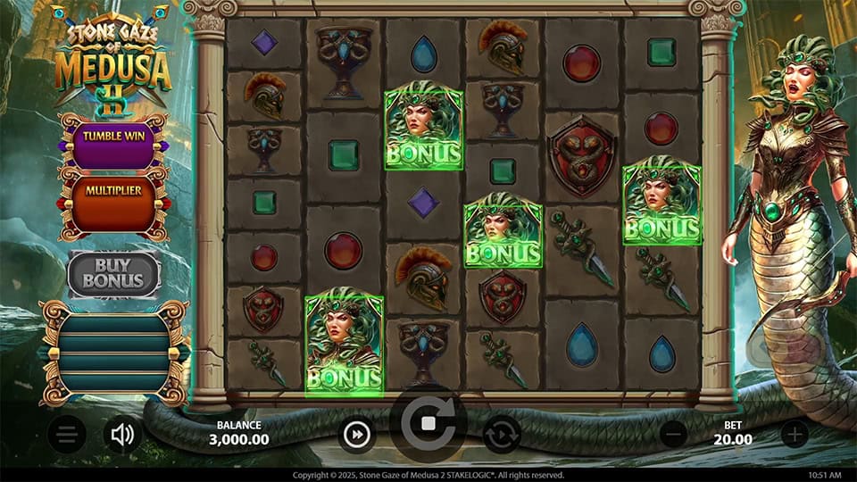 Four Scatter symbols appearing in Stone Gaze of Medusa 2 slot, triggering the Free Spins bonus round.