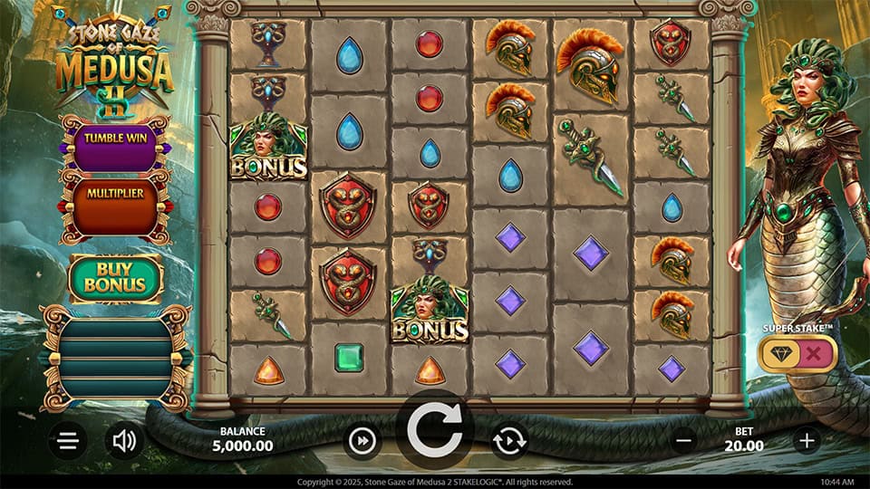 Preview of Stone Gaze of Medusa 2 slot showing the reels and ancient Greek-themed symbols.