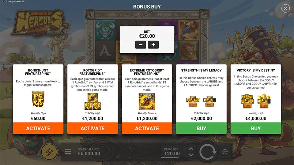 Bonus Buy feature in Strength of Hercules slot offering Bonushunt Featurespins for x3, RotoGrid Featurespins for x60, Extreme RotoGrid Featurespins for x60, Strength is My Legacy Free Spins for x100, and Victory is My Destiny Super Free Spins for x200 the bet.