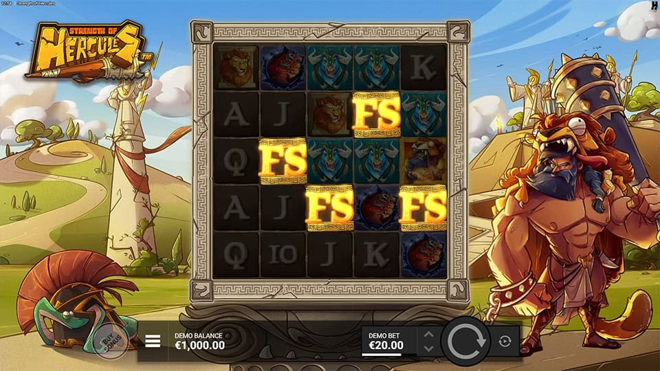 Four Scatter symbols appearing in Strength of Hercules slot, triggering the Godly Bonus Game Choice feature.