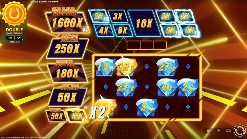 Jackpot prizes ranging from x2 to x30 the bet appearing in Super Cash Boost: Hold and Win slot.