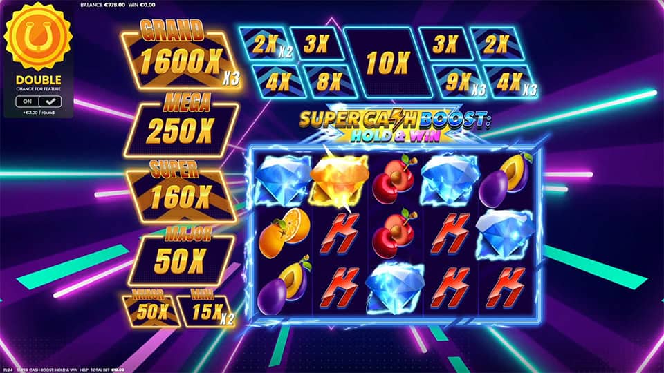 Five Diamond symbols appearing in Super Cash Boost: Hold and Win slot, triggering the Hold & Win bonus round.