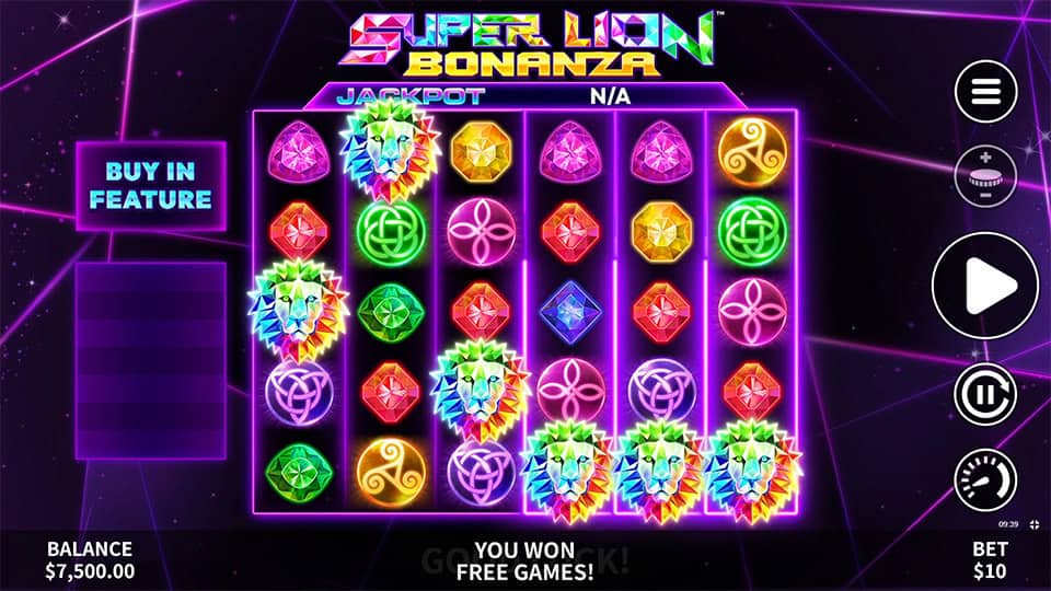 Six Scatter symbols appearing in Super Lion Bonanza slot, triggering the Free Spins Feature.