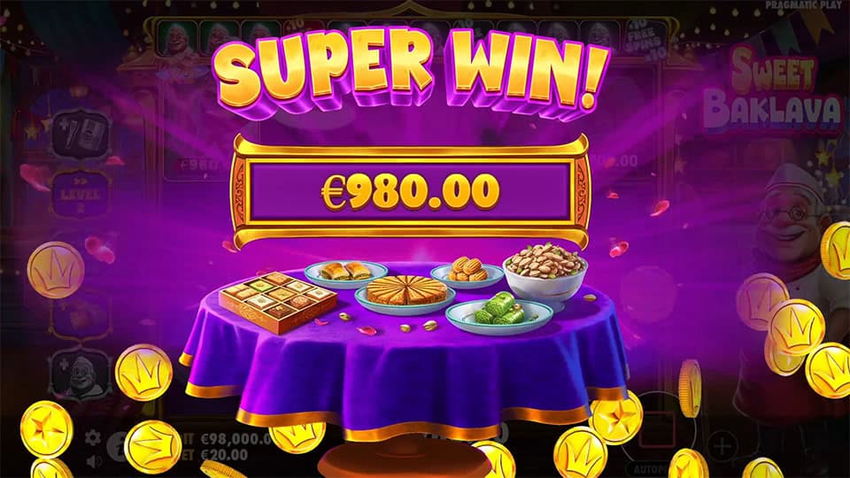 Super Win screen in Sweet Baklava slot displaying a €980 payout.