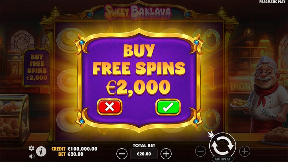 Buy Free Spins feature in Sweet Baklava slot, available for x100 the bet.